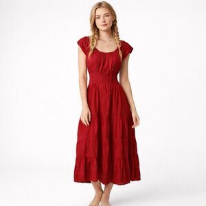 Womens Medium Dress Smocked Midi Fairy Peasant Coquette Milkmaid Renaissance Red